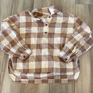 Everlane Flannel Button Down Cotton Poppver Brown and White Checkered Shirt